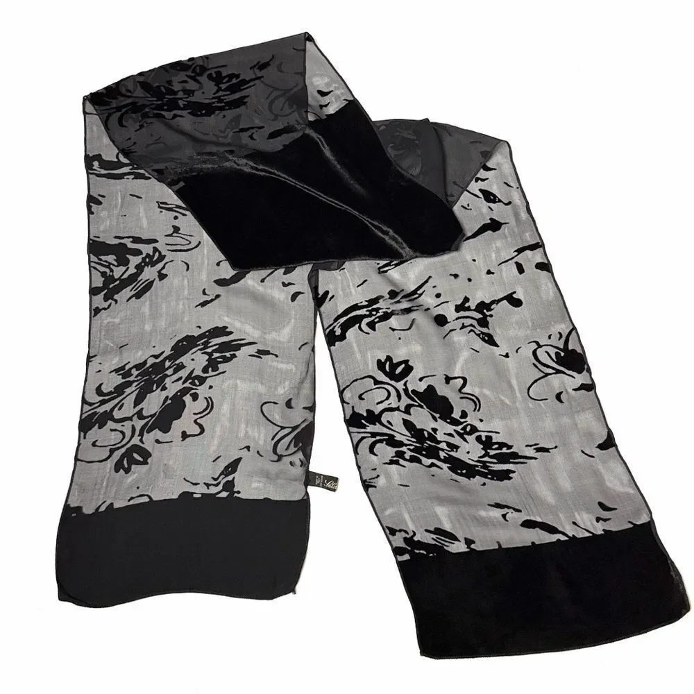 Saldarini Black Burnout Velvet Scarf Rayon Silk Blend Abstract Print Italy